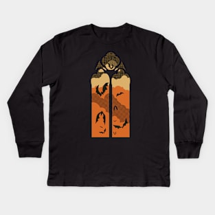 Vintage Orange Gothic Window with Bats Kids Long Sleeve T-Shirt